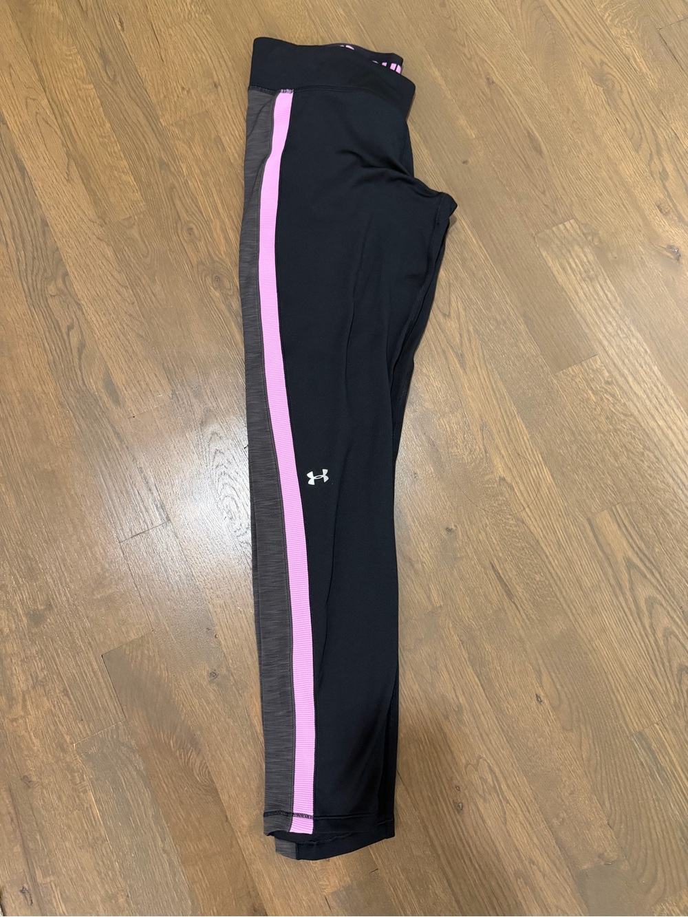 Under Armour Cold Gear Black Leggings with Pink Side Stripe and Gray Panel
